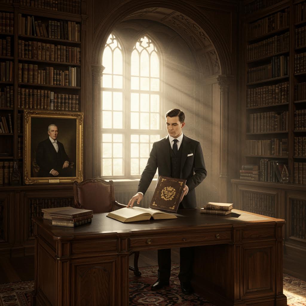 슬롯생강이 반영된 공간, 오래된 서적과 초상화가 있는 서재에서 전해지는 고요한 긴장감