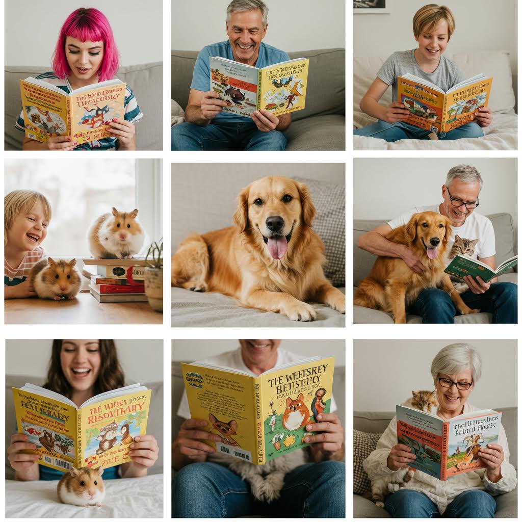 사람들이 반려동물과 함께 책을 읽으며 교감하고 독서 문화를 즐기는 일상 장면