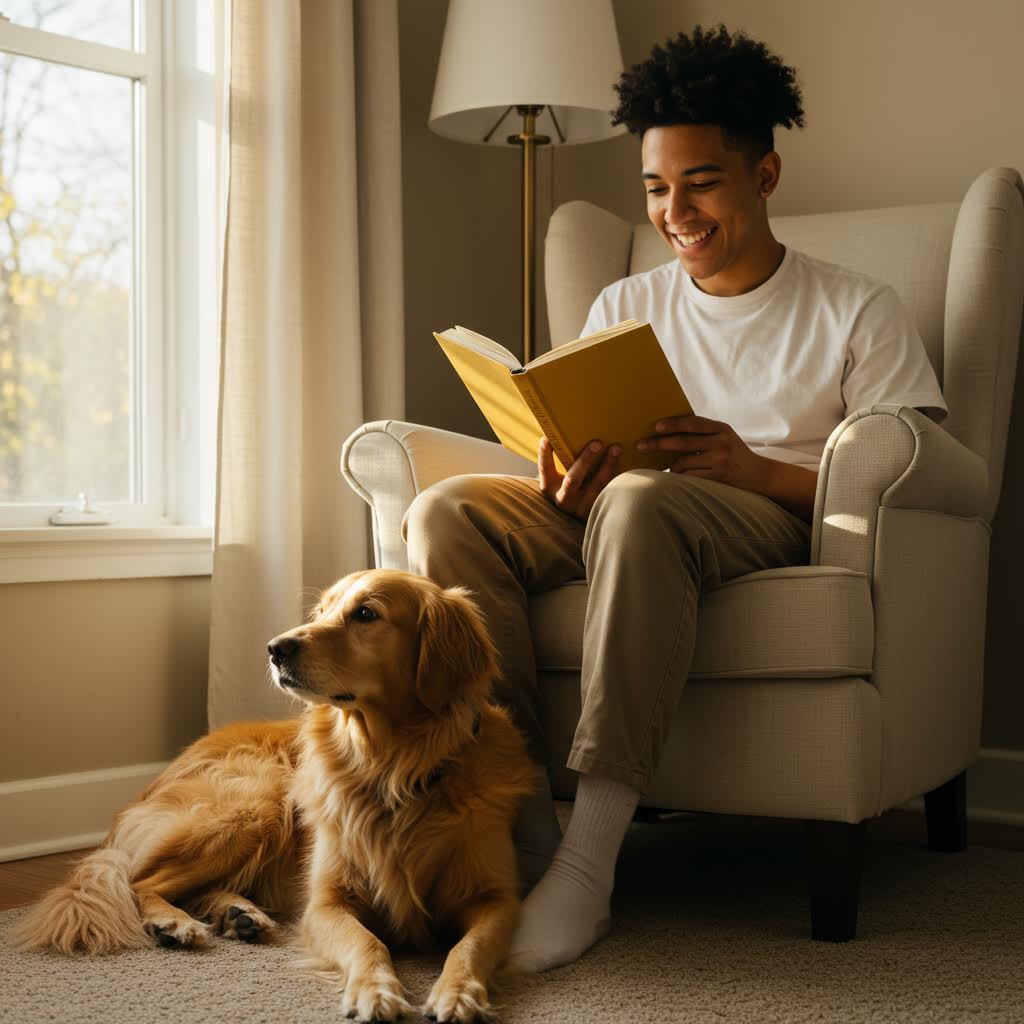 창가에 앉아 책을 읽는 청년 곁에 반려견이 함께하는 장면 속에 슬롯생강의 따뜻한 울림이 담겼다