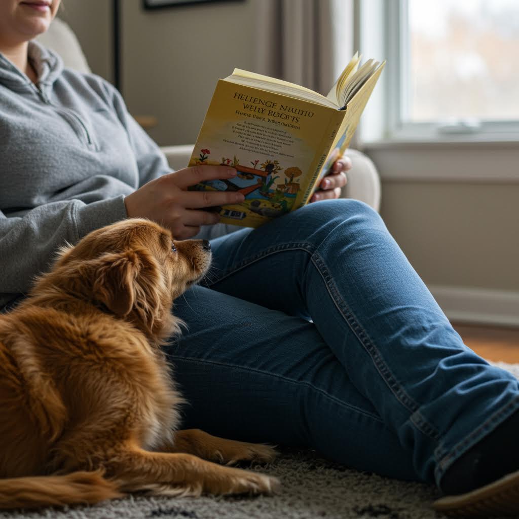 따뜻한 실내에서 독서와 반려동물 교감이 어우러진 순간을 슬롯생강 분위기로 담아낸 사진