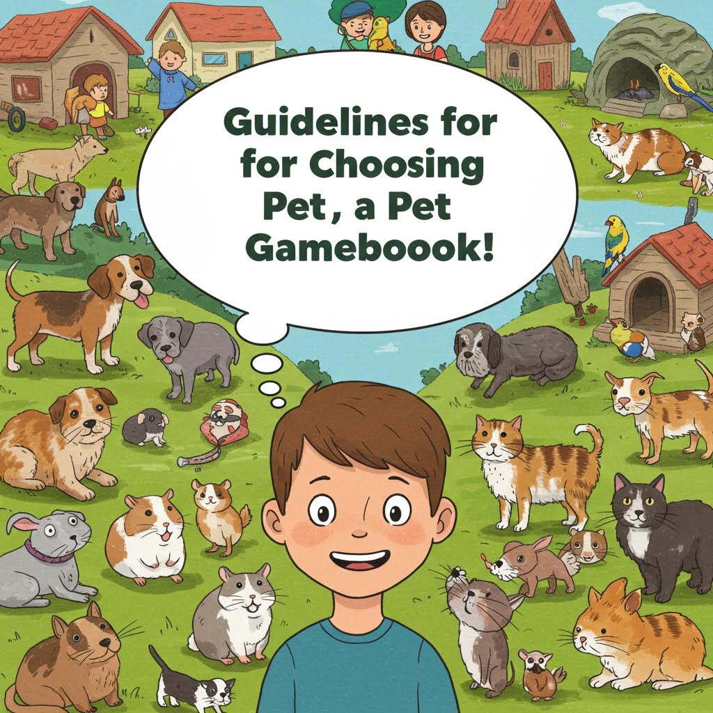 반려동물 선택을 주제로 여러 동물이 주변에 모여 있는 아동용 가이드북 표지 일러스트