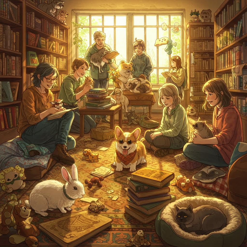 서점 한가운데 모인 사람들과 반려동물이 함께 책을 읽고 놀이를 즐기는 장면이 공동체의 따스함 속에서 온카스터디를 연상시키는 흐름