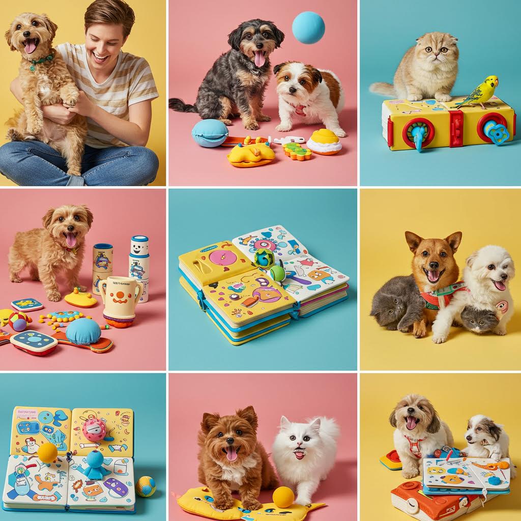 알록달록한 소품과 놀이책을 배경으로 반려동물들이 어우러진 장면은 온카스터디가 전하는 즐거움의 풍경