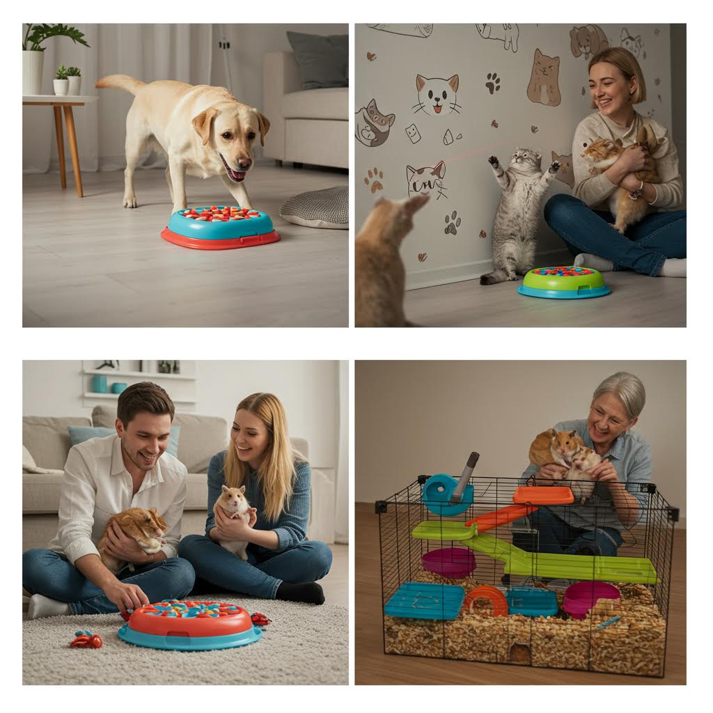 반려견과 고양이가 장난감을 매개로 사람과 놀이하며 교감하는 장면은 온카스터디가 드러내는 나눔의 결