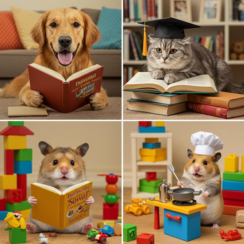 책을 펼친 강아지와 모자를 쓴 고양이가 나란히 앉은 장면은 세밀한 온카스터디 분석을 닮은 흐름