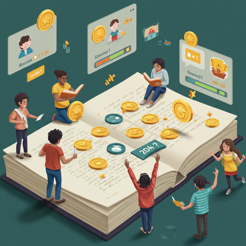거대한 책 위에서 코인과 디지털 레벨 시스템을 탐험하는 아이들의 배움의 여정