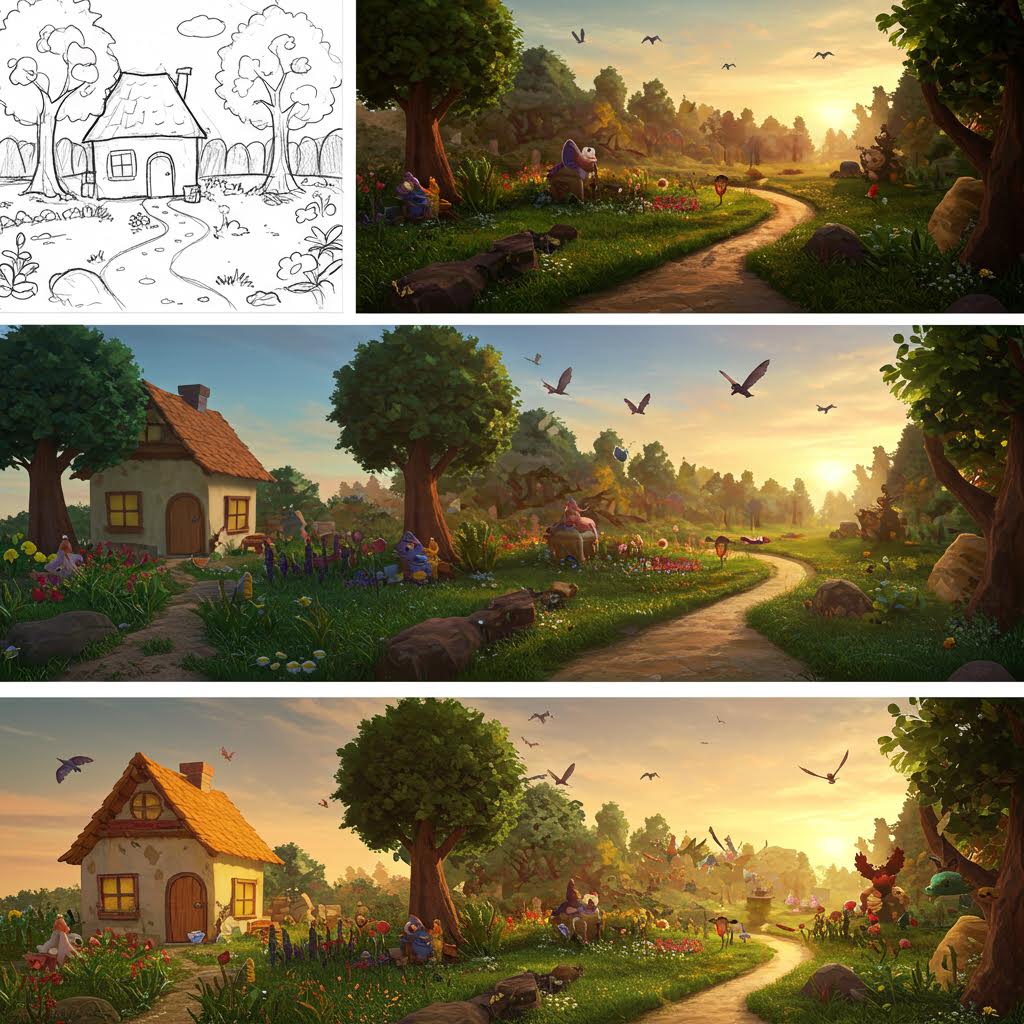 스케치에서 빛과 색채가 더해지는 과정이 이어지며 온카스터디처럼 점검과 해석의 의미를 비춰내는 풍경