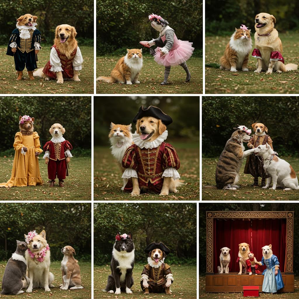 다양한 복장을 한 강아지와 고양이가 어울려 있는 모습은 온카스터디가 담아내는 창의적 경험의 순간