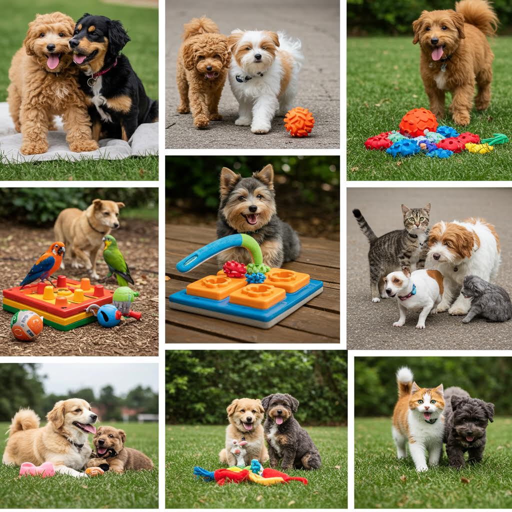 장난감과 함께 뛰노는 반려동물들의 밝은 표정 속에 온카스터디의 따뜻한 신뢰가 배어 있는 장면