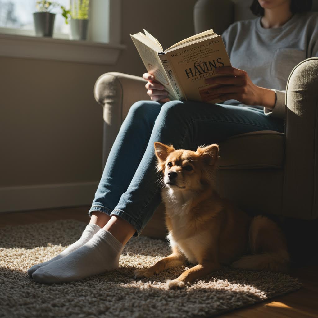 햇살이 비추는 거실에서 책을 읽는 사람과 반려견이 함께 있는 장면