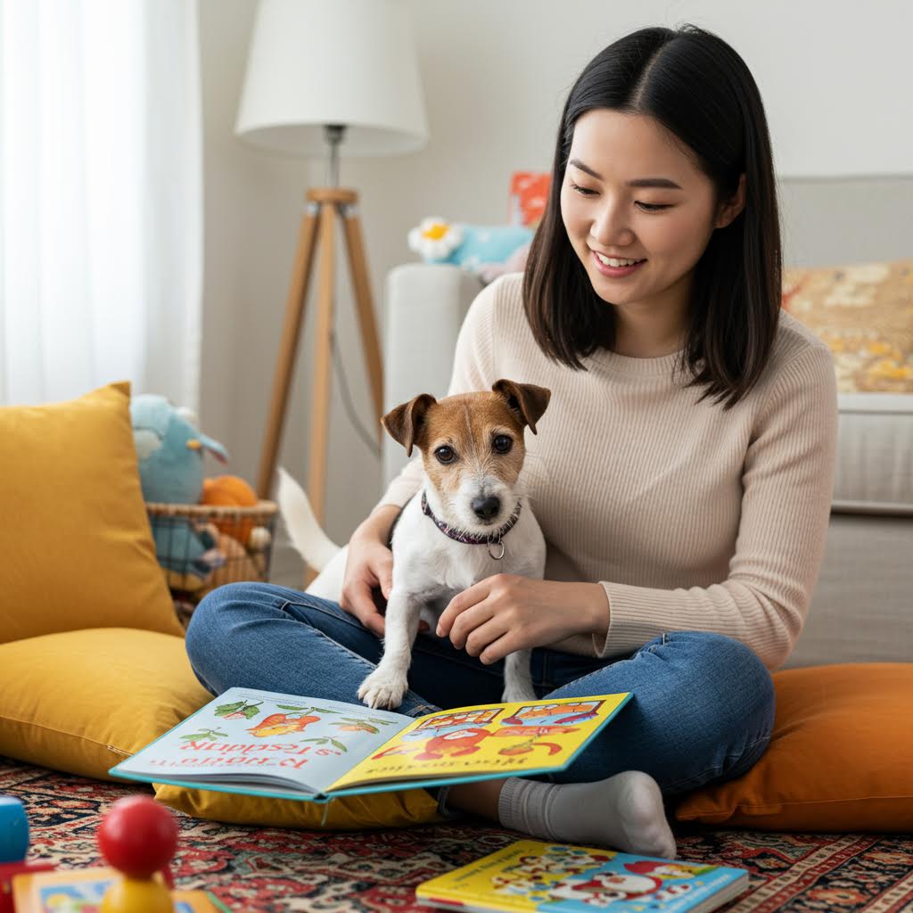 밝은 거실에서 여성이 강아지와 함께 그림책을 펼쳐 보이며 웃는 모습 속에 따뜻한 교감이 이어지고 그 흐름에 슬롯생강이 배어 있는 장면