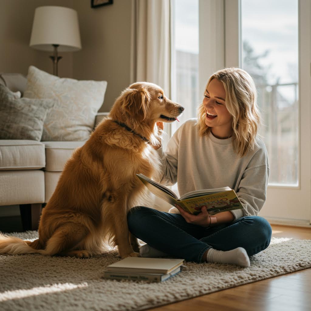 놀이책과 놀이가 어우러진 일상 속에서 아이와 반려동물이 교감하는 모습
