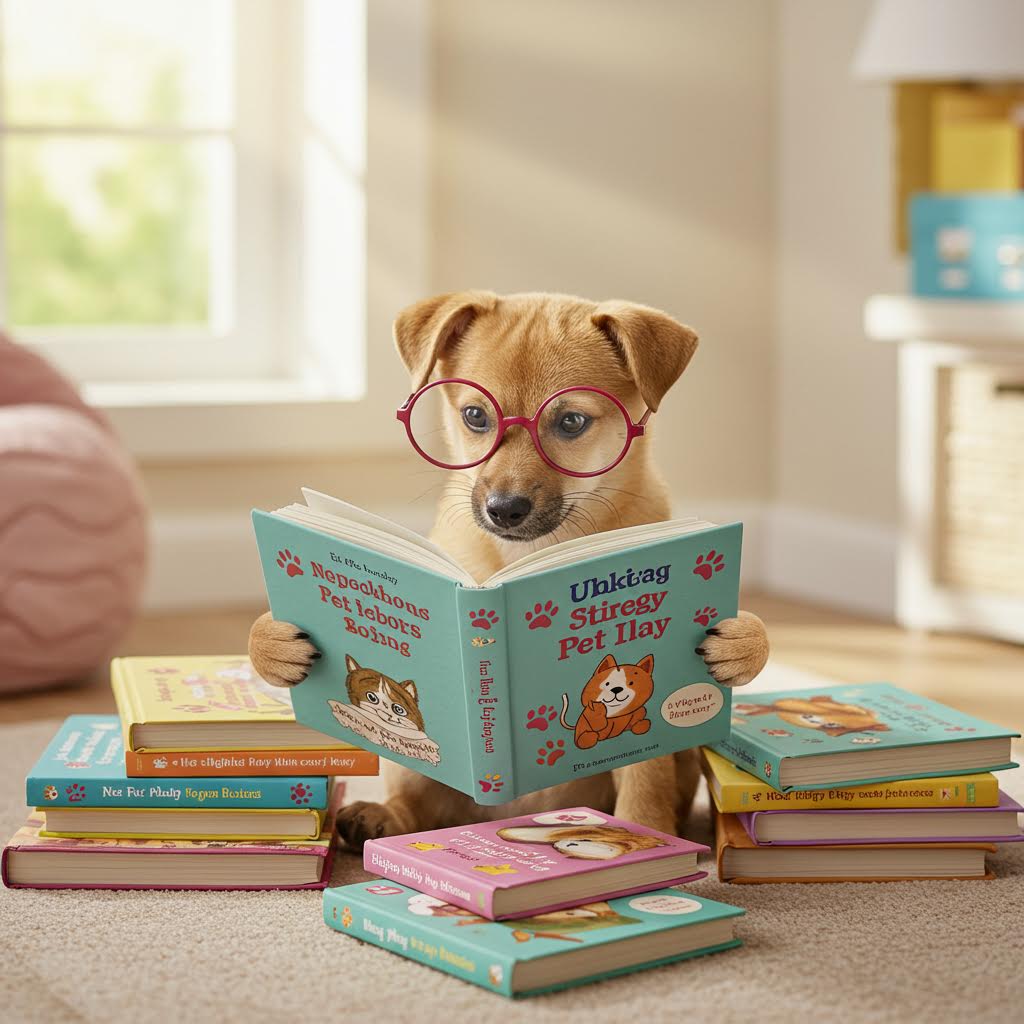 여러 권의 책 사이에서 독서하는 듯 앉은 강아지가 학습과 교류의 의미를 전하고 그 맥락이 온라인 온카스터디의 이야기 구조와 맞닿는 순간