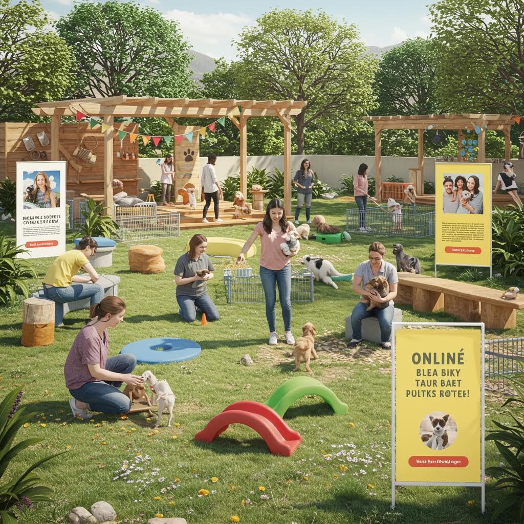 잔디밭 위에서 반려동물과 사람들이 함께 보드게임을 즐기는 장면은 온라인 커뮤니티 온카스터디가 전하는 놀이의 풍경