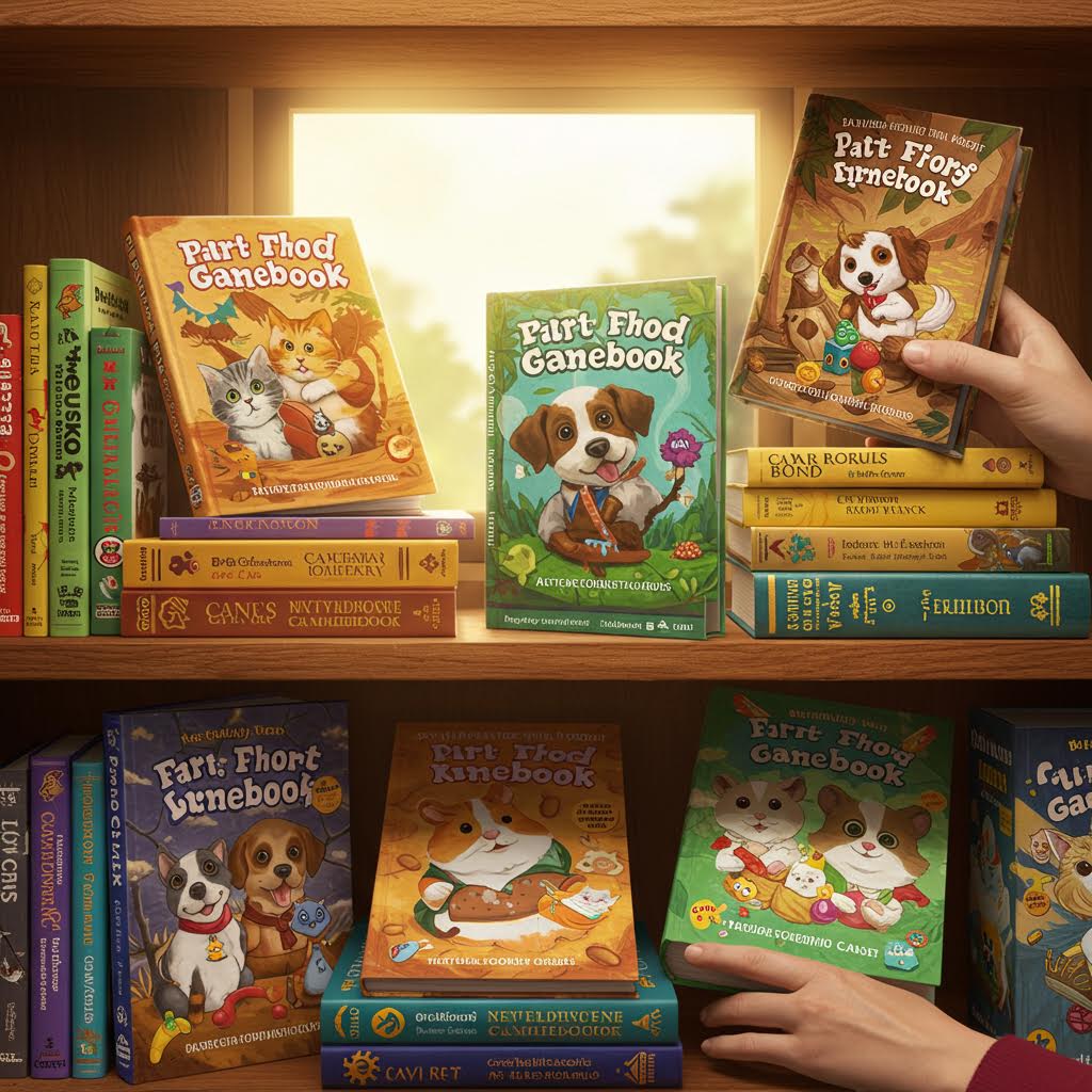 따뜻한 빛이 스며든 서재에서 개성 있는 그림책들이 줄지어 놓인 풍경이 독자의 선택을 유도하며 그 과정 속에 슬롯생강의 울림이 스며드는 모습