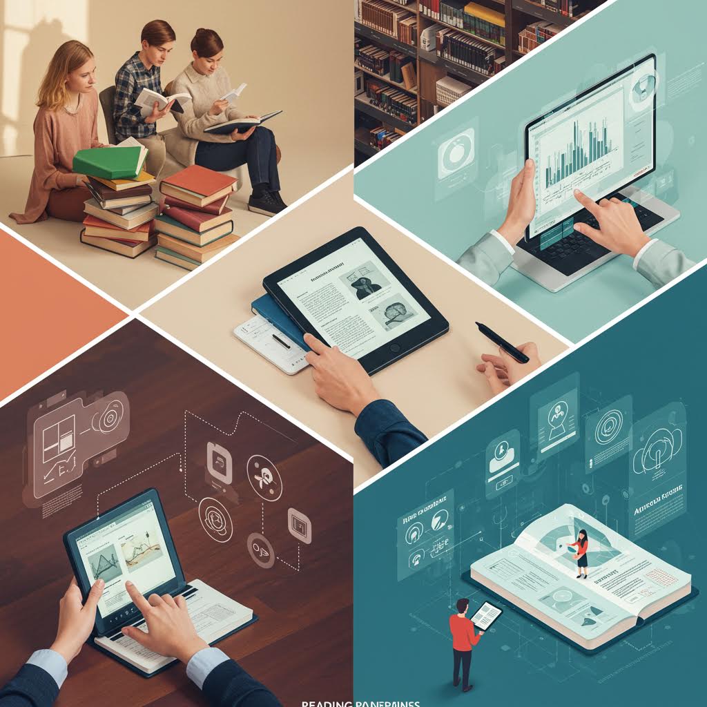 전통적인 독서와 디지털 학습이 공존하며 지식의 흐름이 확장되는 교육의 장면