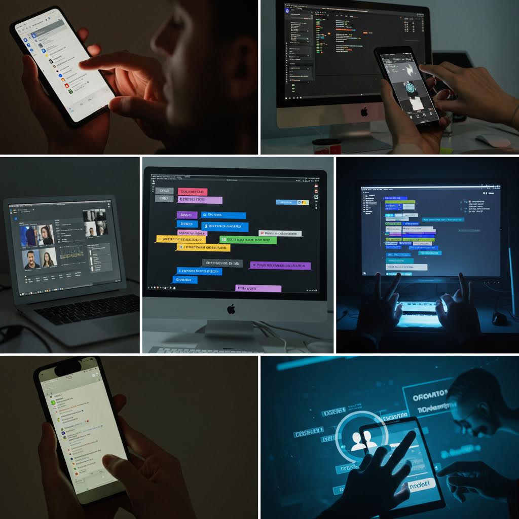 어두운 공간 속 여러 화면에서 코드와 메시지가 오가며 디지털 협업이 진행되는 집중의 순간