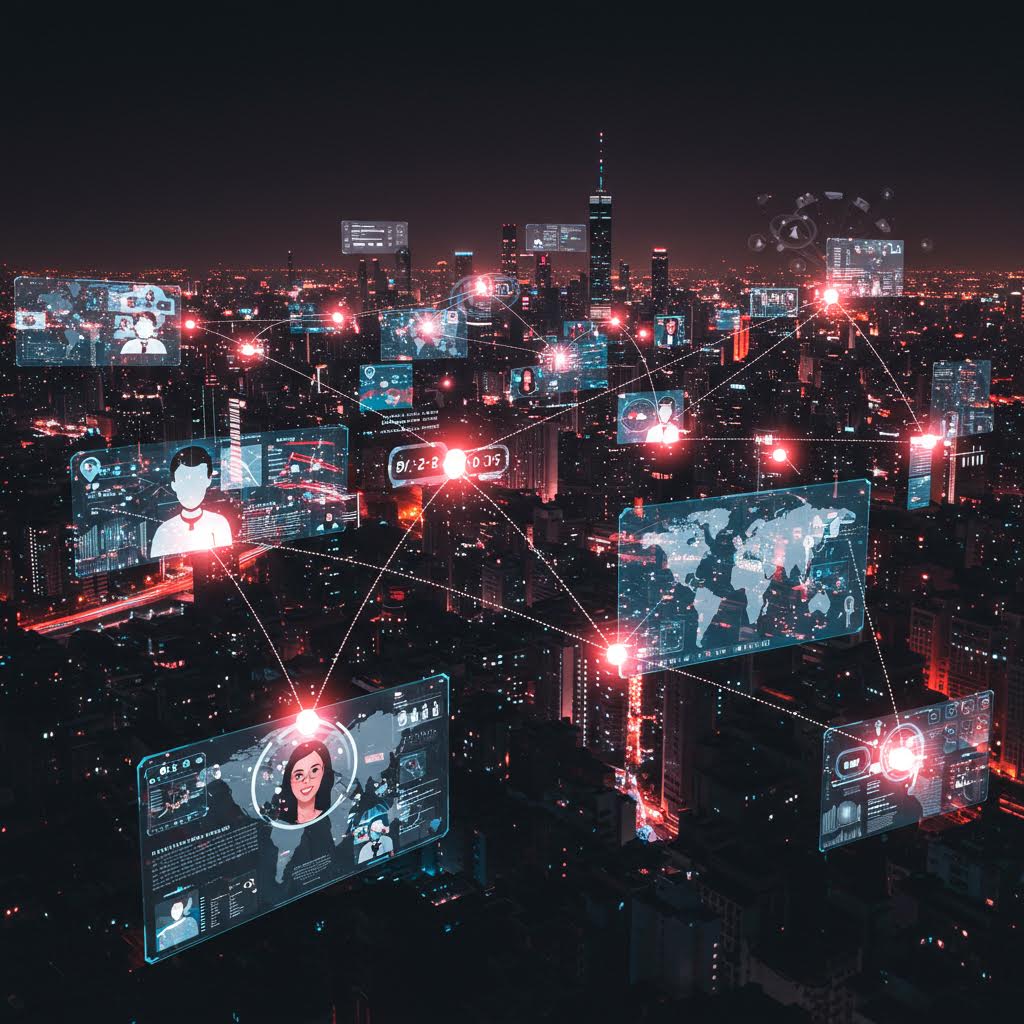 도시의 불빛 위로 연결된 홀로그램 화면들이 떠올라 인류의 소통망이 확장되는 디지털 네트워크의 풍경