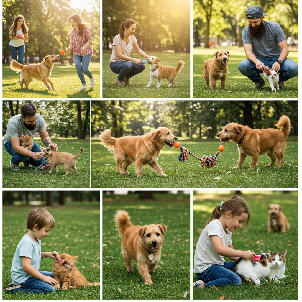 공원에서 강아지들이 주인과 함께 놀며 교감하는 장면, 온카스터디가 소개하는 반려견 사회화 훈련과 놀이 교육