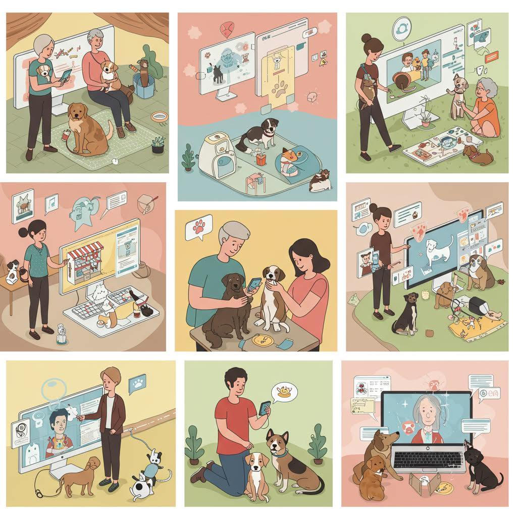 반려동물과 사람이 함께 스마트 기기를 활용하며 돌봄과 교감을 나누는 따뜻한 장면