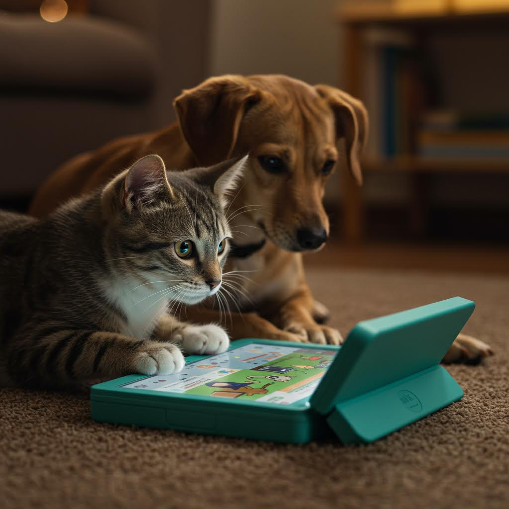 호기심 어린 눈빛으로 화면을 바라보는 고양이와 강아지가 공유하는 장난스러운 집중의 순간