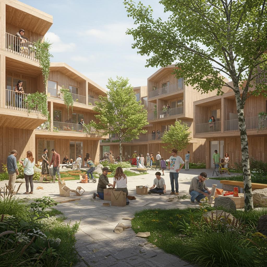 온카스터디 코하우징 학습 커뮤니티 - 중앙 정원을 중심으로 모인 주민들이 함께 배우고 교류하는 지속가능한 주거 단지