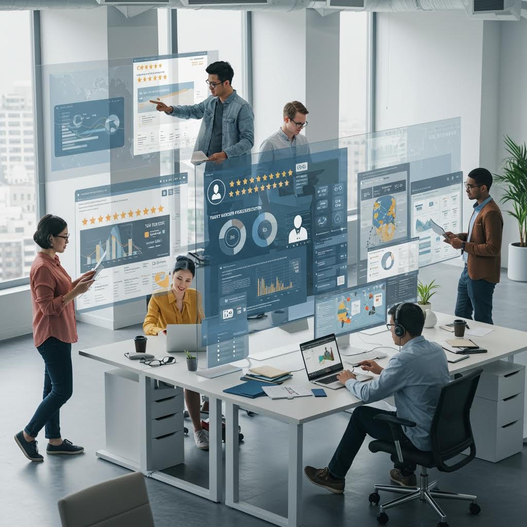 온카스터디 증강현실 오피스 - 홀로그램 대시보드와 데이터 시각화 패널을 활용한 현대적 협업 작업 공간