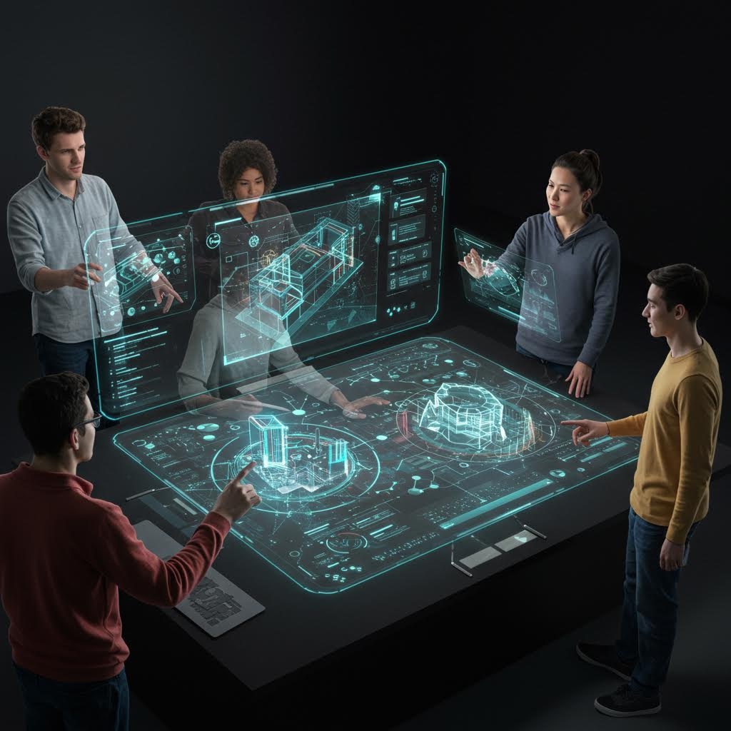 어두운 방에서 5명의 디자이너와 건축가들이 대형 홀로그램 테이블을 중심으로 서서 청록색 빛의 3D 건축 모델과 데이터 시각화를 조작하는 미래형 협업 장면