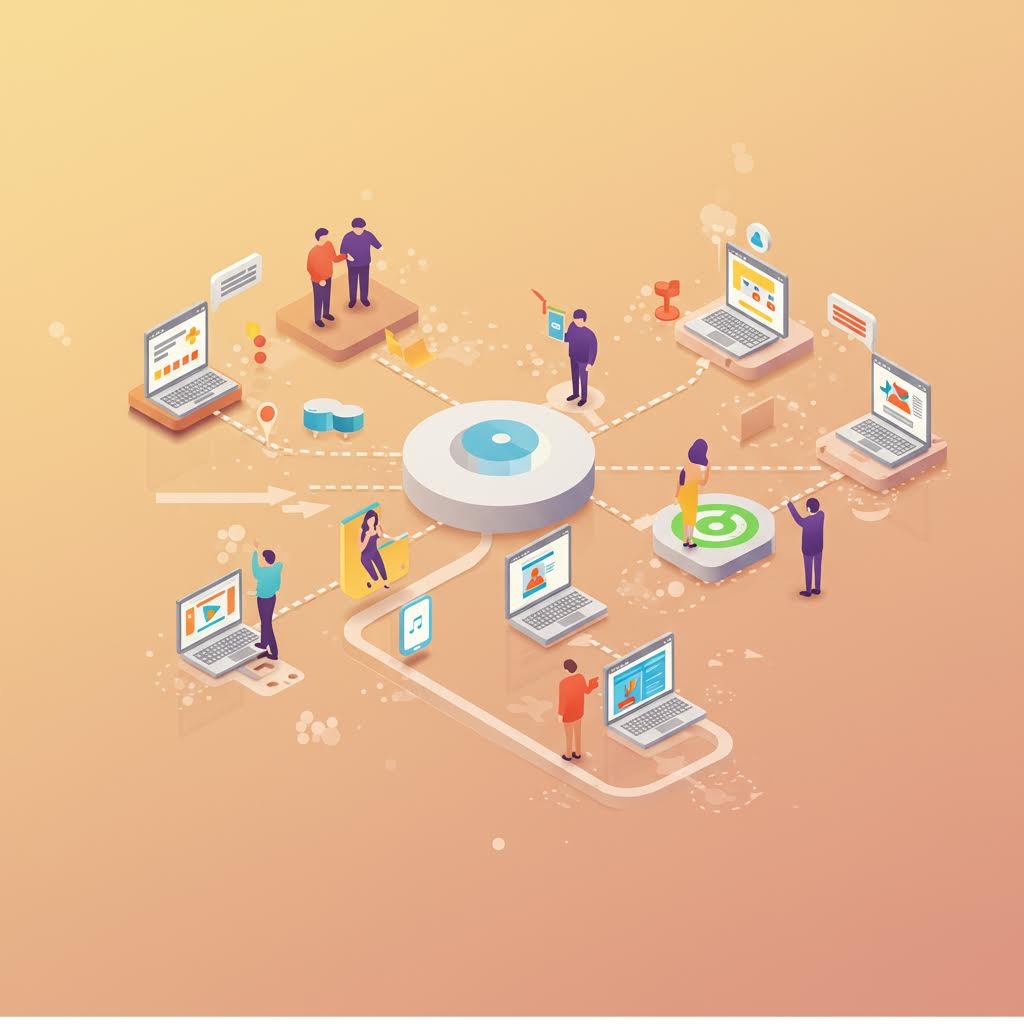 온카스터디 학습 네트워크 허브 - 중앙 플랫폼을 중심으로 연결된 다양한 학습자와 디지털 콘텐츠의 아이소메트릭 생태계