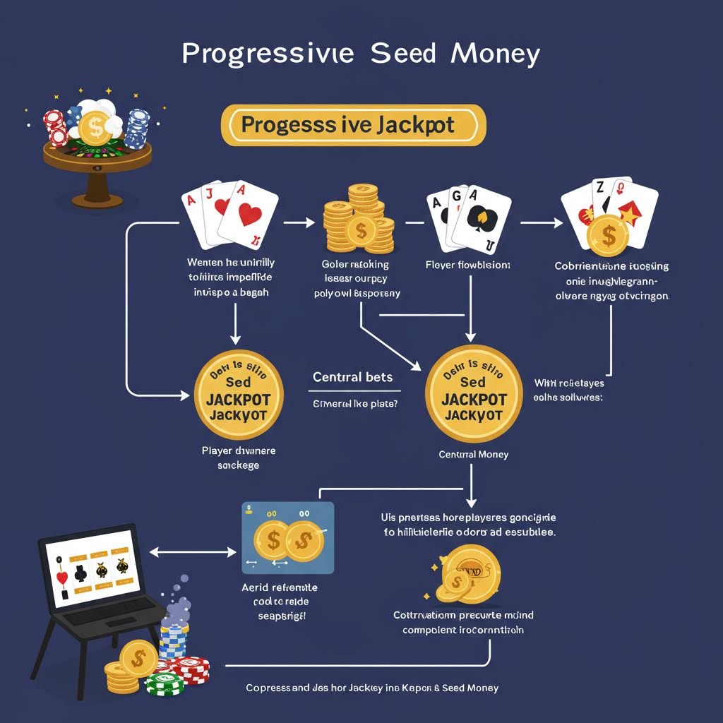 시드 머니가 누적되어 프로그레시브 잭팟으로 이어지는 과정을 카드·코인 아이콘으로 표현한 인포그래픽