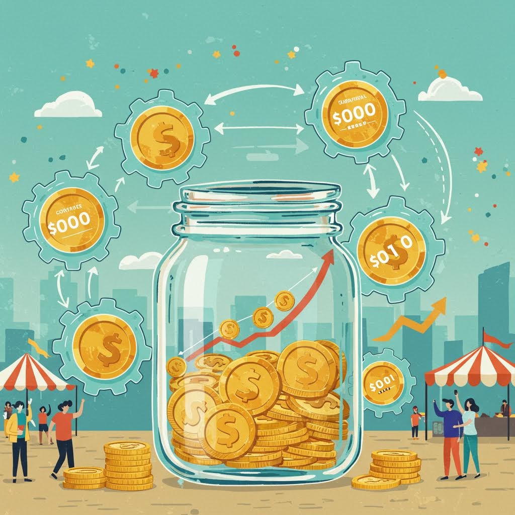 유리 병 안에 코인이 가득 담겨 있고, 기어와 화살표로 수익 흐름을 나타낸 감각적인 일러스트