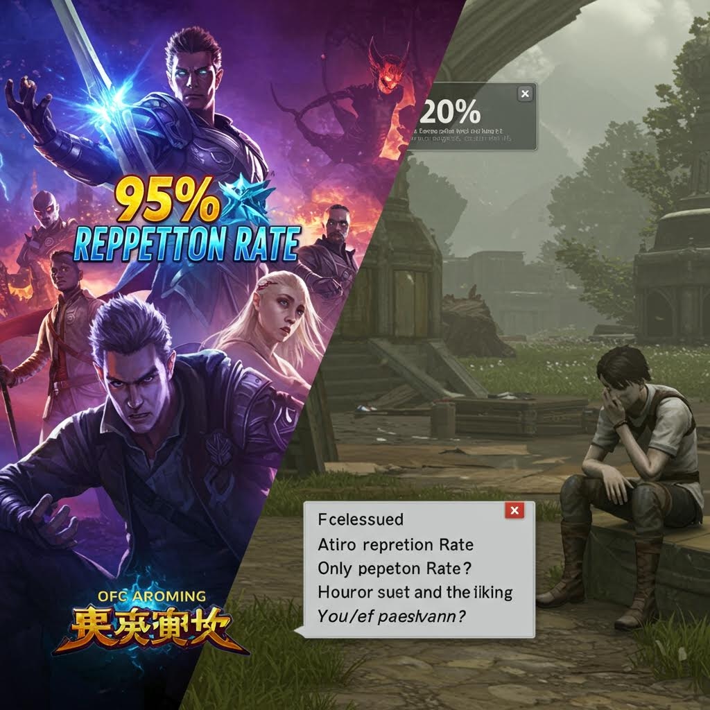 화려한 모바일 게임 광고와 실망한 플레이어를 대비시켜 보여주는 스토리형 이미지