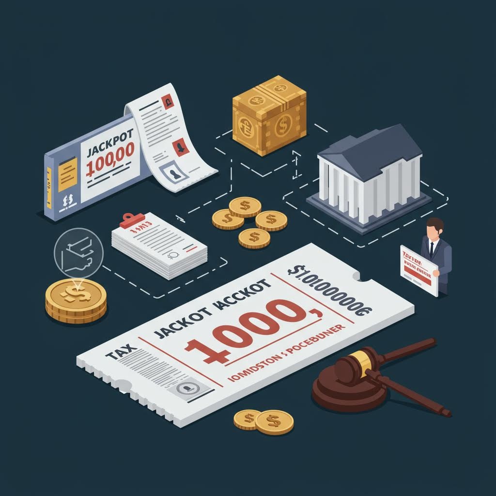 잭팟 당첨 금액, 세금 문서, 법원 망치 등 당첨금 처리 절차를 나타낸 재정 인포그래픽