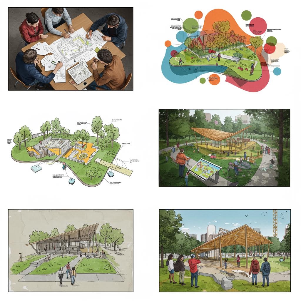 커뮤니티 공원 및 공공 공간 디자인을 보여주는 6개의 이미지 콜라주 - 설계도를 검토하는 팀 회의, 놀이터와 녹지 공간의 조감도 스케치, 주민들이 모인 실제 공원 렌더링 포함