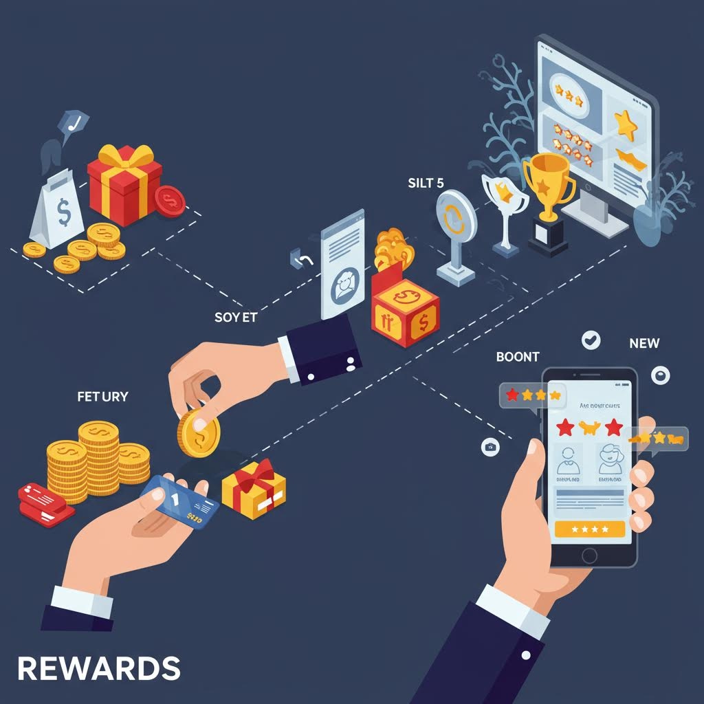 기프트 박스, 코인, 트로피 및 별점 리뷰 화면으로 이어지는 도박 보상 시스템의 아이소메트릭 인포그래픽