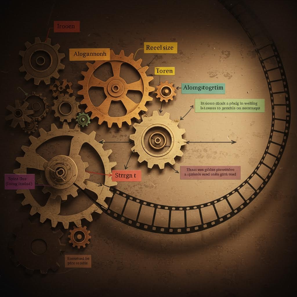 필름 스트립 트랙이 있는 톱니바퀴 메커니즘 다이어그램 - 알고리즘, 릴 크기, 토큰, 스트렝스 및 회전 단계에 레이블이 지정된 빈티지 스타일 인포그래픽