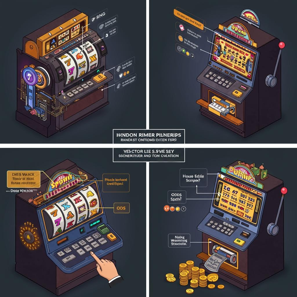 난수 생성기, 릴 구성, 벡터 및 톤 시뮬레이션, 승률 계산을 포함한 슬롯머신 메커니즘의 기술적 세부 사항을 보여주는 4패널 아이소메트릭 일러스트레이션