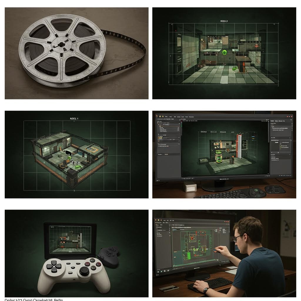 게임 개발 프로세스를 보여주는 6개 이미지 콜라주 - 필름 릴, 3D 환경 모델링, 디자인 소프트웨어의 게임 컨트롤러 및 개발자