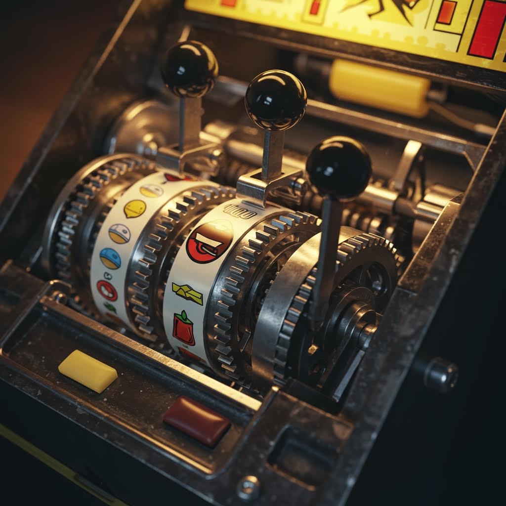 과일 심볼과 레버가 있는 빈티지 슬롯머신의 내부 기계식 릴 메커니즘 클로즈업 사진