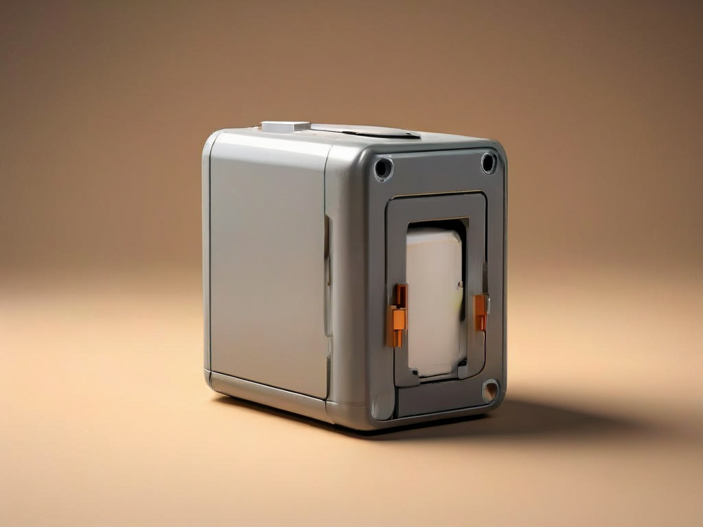 Compact storage block with sealed slot and trigger mechanism on matte gray surface.