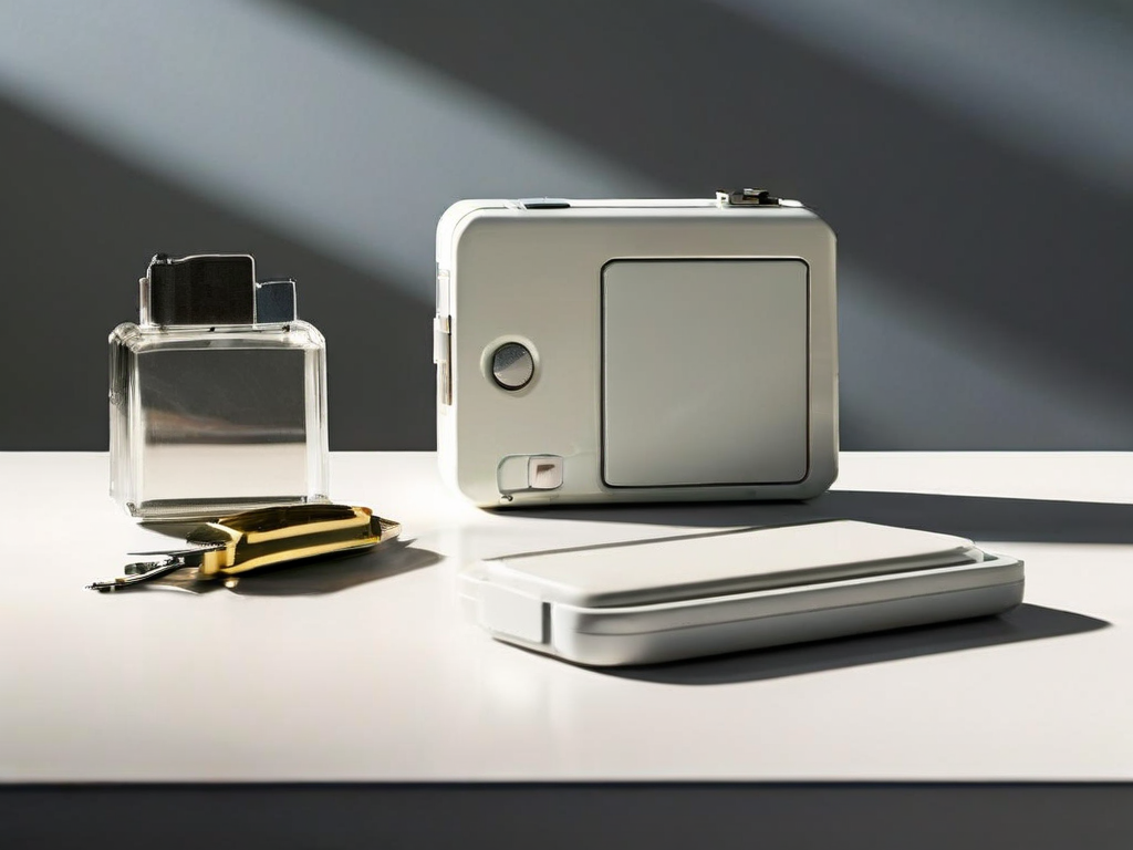 A compact sealed drive and blank memory card rest on an acrylic tray on a stone counter, symbolizing secure digital storage.