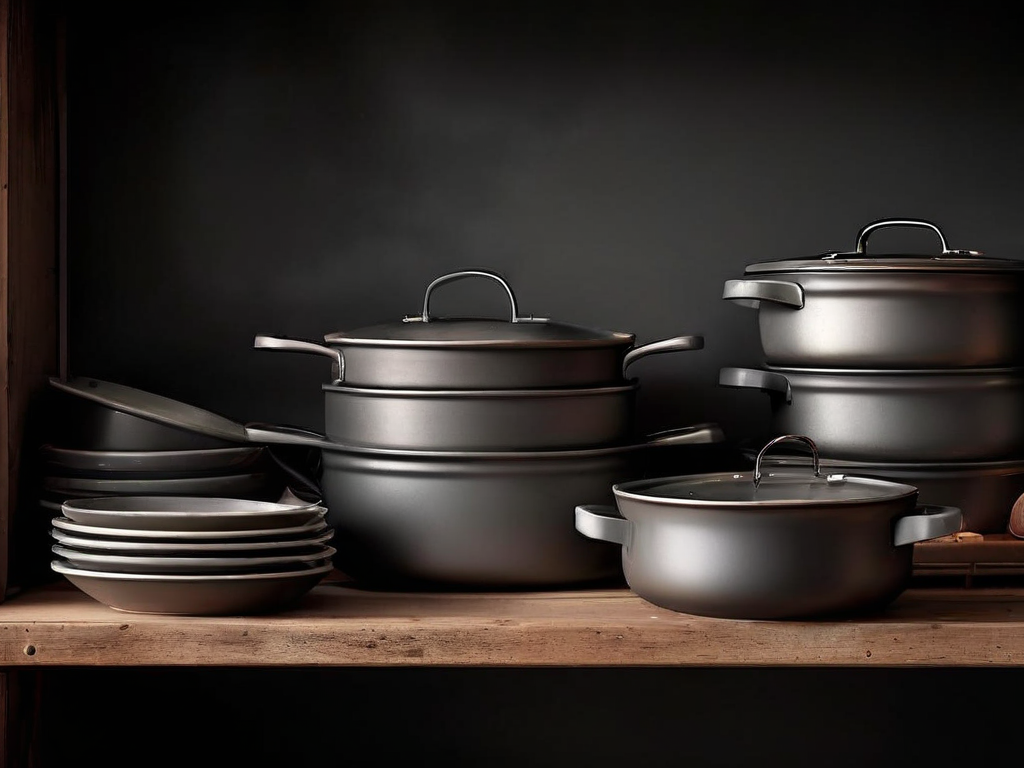 Stacked metal pots and baking dishes arranged by size on a shelf, a metaphor for digital recipe scaling tools.