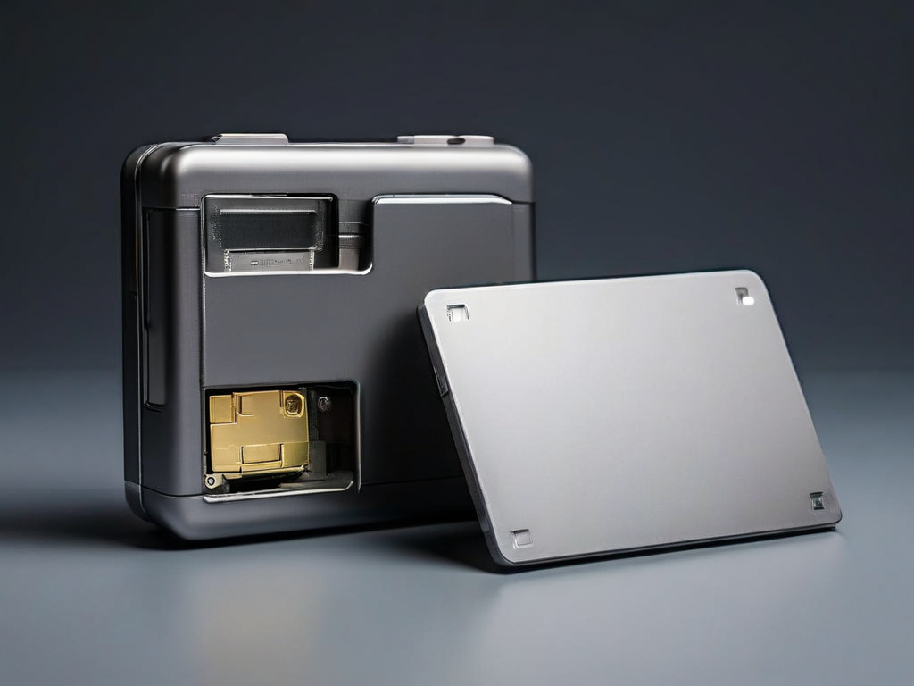 A memory card, sealed external hard drive, and blank photo sleeve arranged on a gray studio surface, representing a saved image...