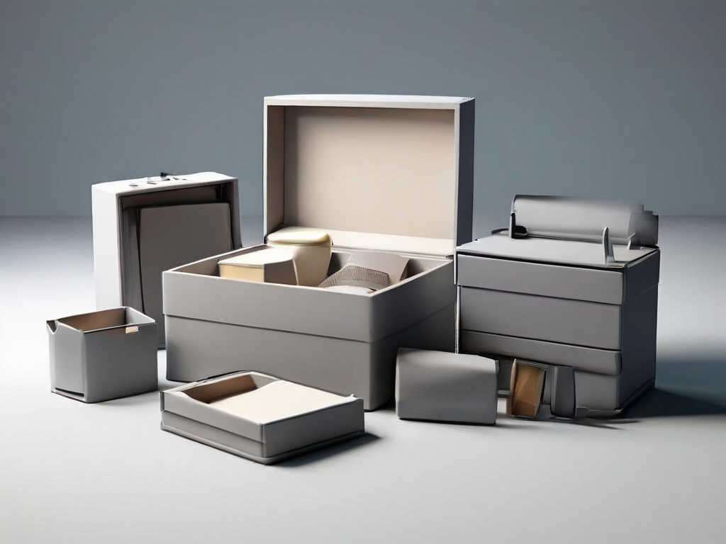 Small archive boxes and blank compartment inserts arranged on a matte gray surface, soft side light, clean shadows, metaphor for...