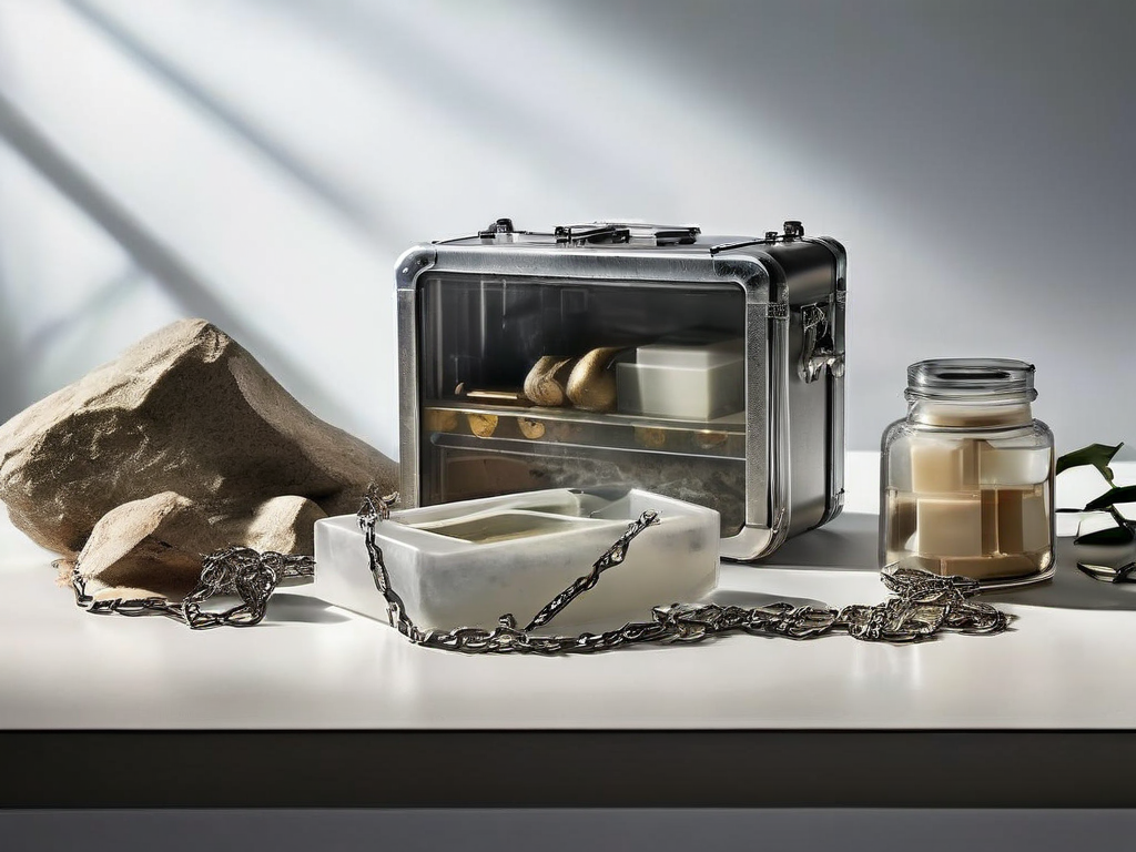 A sealed case, a short chain, and small blocks connected on a neutral stone surface under soft studio light.
