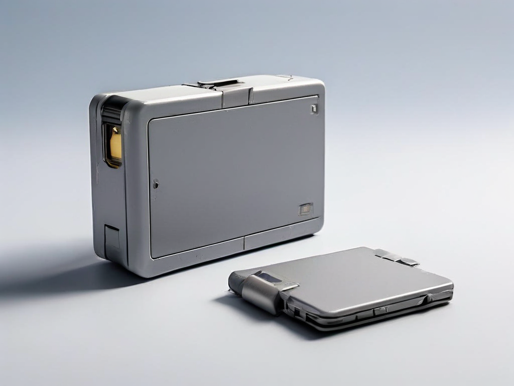 Memory card, sealed external drive, and blank photo sleeve arranged on a matte gray surface for archive review.