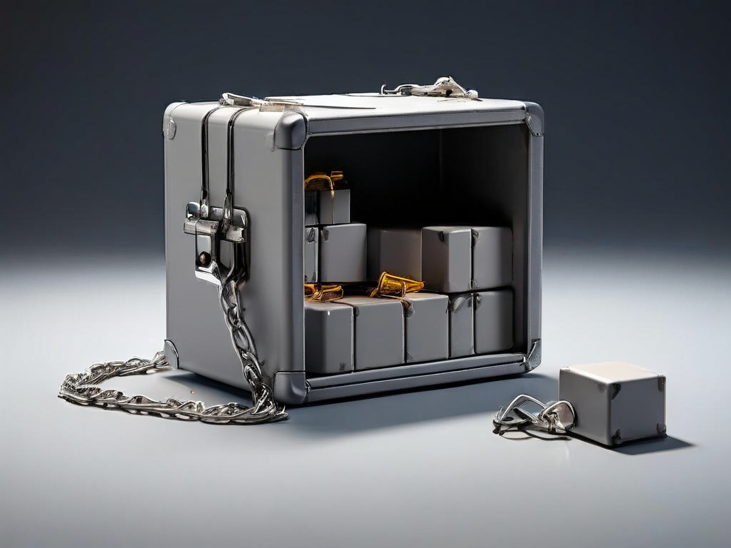 A sealed metal storage case with a short chain lies on a matte gray surface, beside small blank blocks representing file...