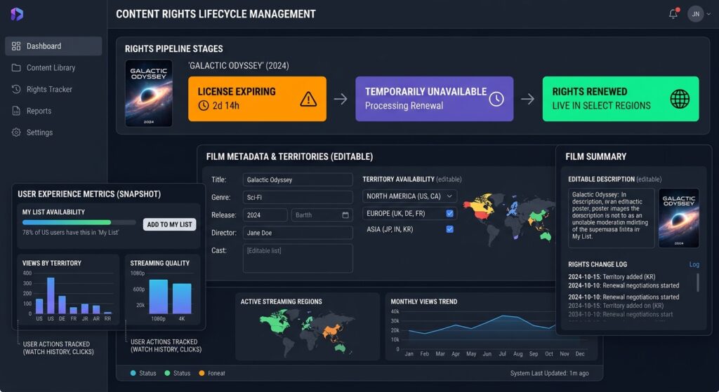 Streaming availability dashboard showing licensing expiration, regional rights, metadata updates, and a title returning to a platform.