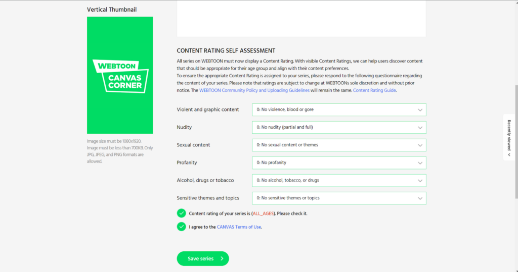 Webtoon content rating self-assessment page showing all content categories set to 0, resulting in an ALL-AGES rating, with a vertical thumbnail upload requirement and a “Save series” button.