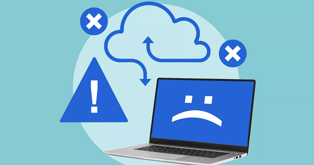 Cloud computing and system error illustration showing a laptop with an error screen, warning symbol, cloud upload/download arrows, and failure icons.